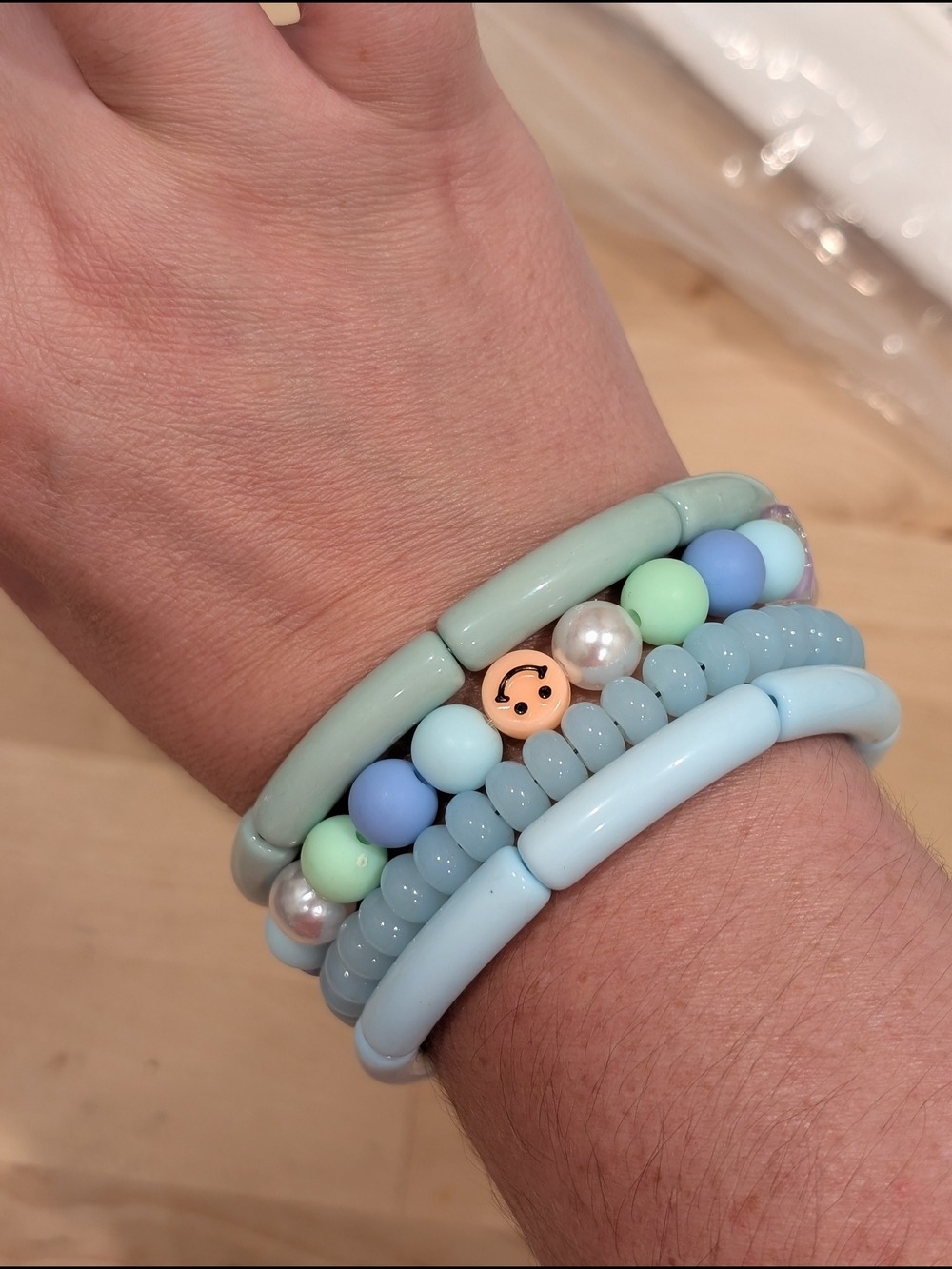 Pastel Blue Mint Beaded Bracelet Stack Gold Smile Accent